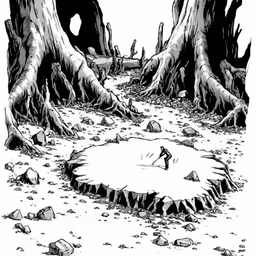 a drawing of a cave surrounded by trees