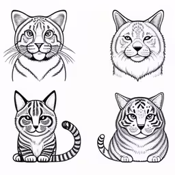 an ink drawing of three cats,an image of four cats on white background,cat breeds for you the cat has the ability to draw animals in line art,three cats in different designs and each has a unique look,a set of cat faces on white paper