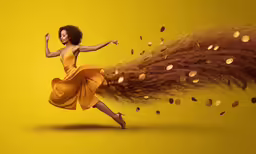a woman dressed in yellow runs through feathers