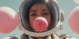 a woman wearing a pink nose and balloon heads