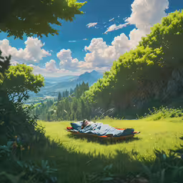 a drawing of a man laying in the grass,an animation of a person sleeping in a field