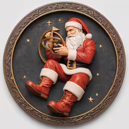 the santa clause holding the horn sits in a circular object