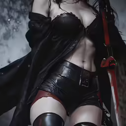 a woman in black costume and boots holds a sword