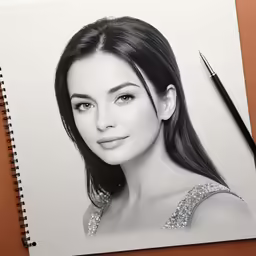 a black and white drawing of a girl in diamond dress with large earrings
