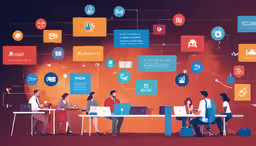an advertisement features people working on laptops at desk,people at tables, with the various business types on their laps