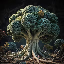 a large broccoli tree has a lot of roots