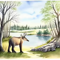 a deer and hippopotamus are in front of a lake,an animal looking at the water with trees in background
