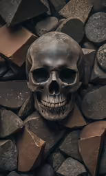 the skull is laying on rocks