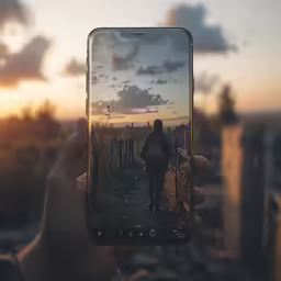 someone holding up their phone to take a picture of a person walking along a path in the sunset