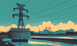 a painting of a building by a lake