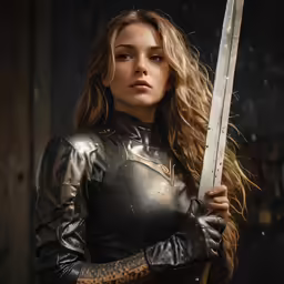 the woman in armor holds two swords