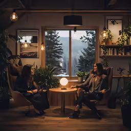 two people sitting in chairs and talking by a window