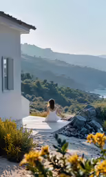 a young woman is sitting in front of a house