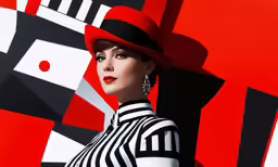 a woman wearing a red hat stands in front of a red and black wall