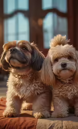 two dogs looking in different directions on a bed