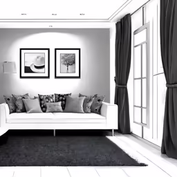 a white couch with pillows sitting under two black paintings