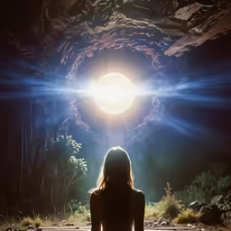 the woman is looking through a window at a bright light
