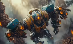 a robot with yellow eyes running in the snow