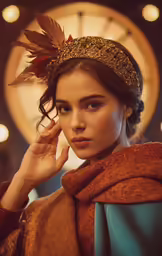 the woman in a scarf is looking at her camera