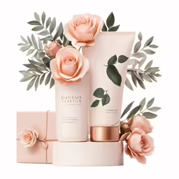 two bottles of perfume with roses and flowers on it