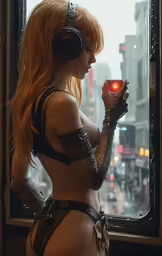 an image of a woman standing by a window wearing headphones