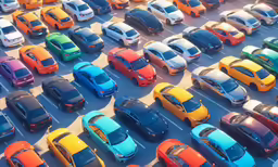 an overhead shot of a parking lot filled with cars