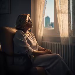 the woman sits in the chair looking out the window