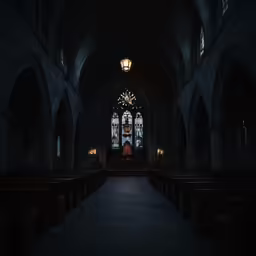 empty pews in an old church lit by lights