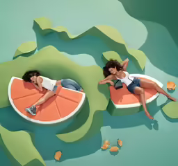 two women are laying down on chairs made out of watermelon slices