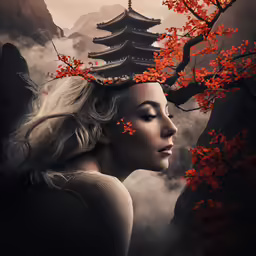 a woman in front of a mountain, with a tree and building behind her