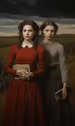 two people stand next to each other in the field