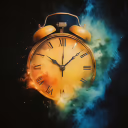 a golden clock surrounded by smoke and fog