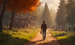 a young man walking down a dirt road in the middle of a forest,a person is walking down a road