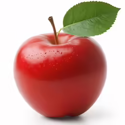 an apple with green leaf and water droplets
