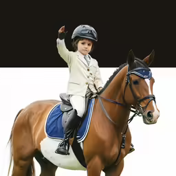 a child on a brown horse in front of some white and black walls