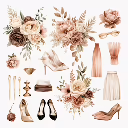 an illustration of different shoes and flowers