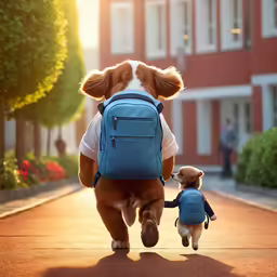 dog with backpack following behind child walking down road