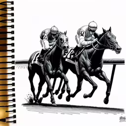 three people riding on the back of horses down a race track,the horses are racing each other on the track