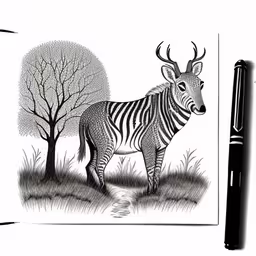 a drawing of a zebra standing on top of a field,a zebra stands in a grass area near trees