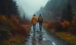 a couple of people that are walking down the road