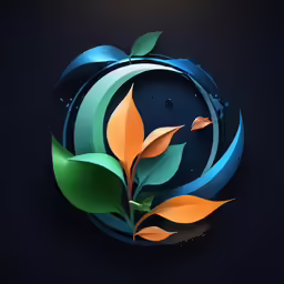 a blue and orange apple with leaves on the front