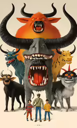 an advertisement for an art print with monsters in the background