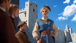 a man is standing with other men near a castle