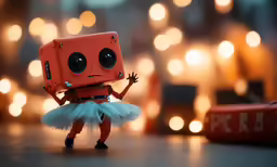 a little robot wearing a tutu and an orange costume