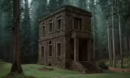 a stone building is surrounded by tall trees