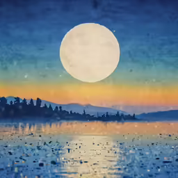 a full moon over the ocean during a colorful night
