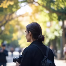a woman is standing and holding her camera