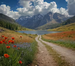 a dirt road leading to a beautiful lake surrounded by wildflowers