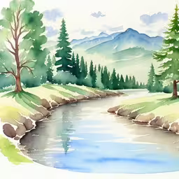a painting of a stream and green trees