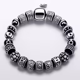 a bead bracelet with skulls and hearts on it,the beads have been made to look like they are from the movies